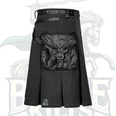 Modern Black Denim Kilt with Leather Pockets – Stylish Utility Kilt